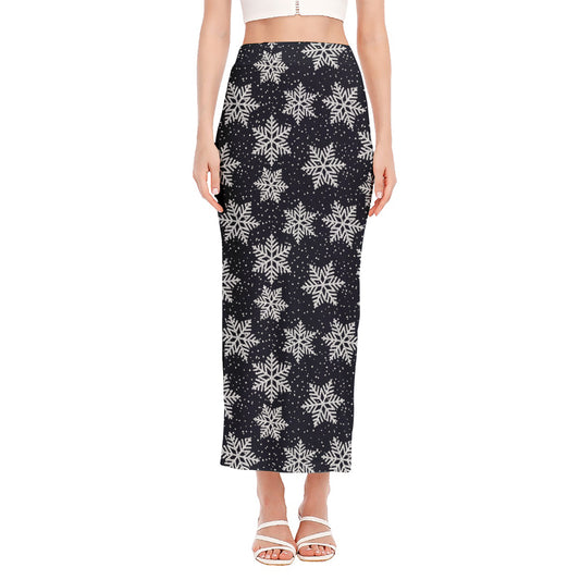 Blue And Silver Snowflake Pattern Print Side Slit Maxi Skirt