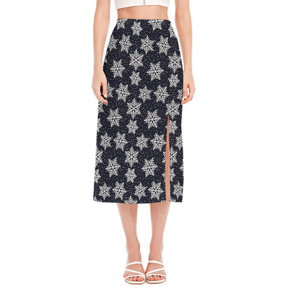 Blue And Silver Snowflake Pattern Print Side Slit Midi Skirt