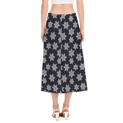Blue And Silver Snowflake Pattern Print Side Slit Midi Skirt