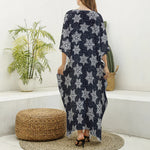 Blue And Silver Snowflake Pattern Print Silk V-Neck Kaftan Dress