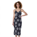 Blue And Silver Snowflake Pattern Print Slim Fit Midi Cami Dress