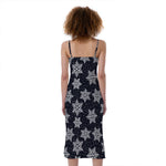 Blue And Silver Snowflake Pattern Print Slim Fit Midi Cami Dress