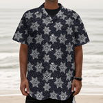 Blue And Silver Snowflake Pattern Print Textured Short Sleeve Shirt