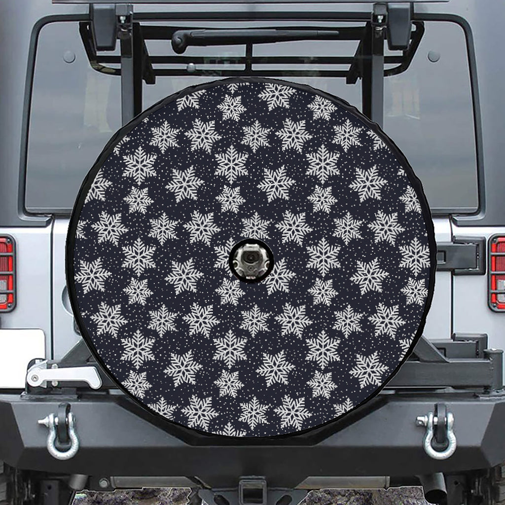 Blue And Silver Snowflake Pattern Print Tire Cover With Camera Hole