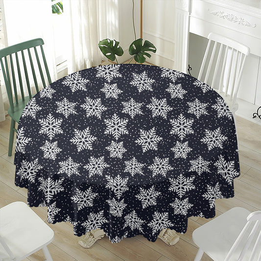 Blue And Silver Snowflake Pattern Print Waterproof Round Tablecloth
