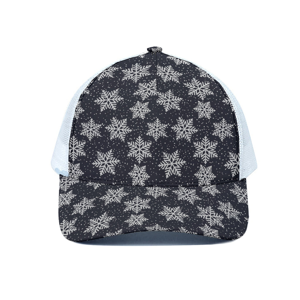 Blue And Silver Snowflake Pattern Print White Mesh Trucker Cap