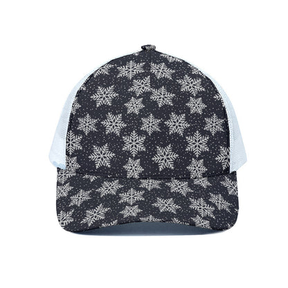 Blue And Silver Snowflake Pattern Print White Mesh Trucker Cap