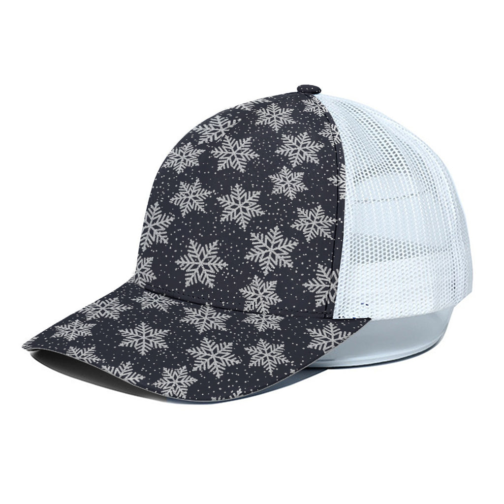 Blue And Silver Snowflake Pattern Print White Mesh Trucker Cap