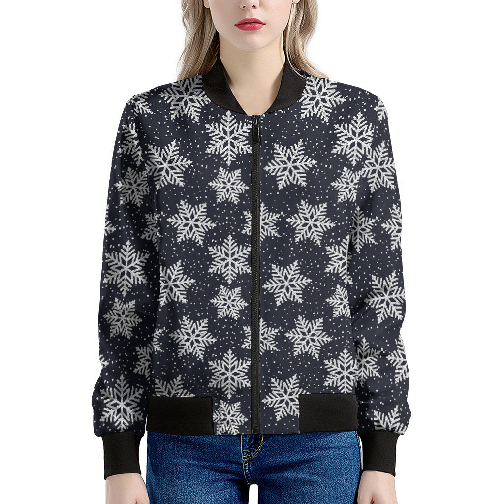 Blue And Silver Snowflake Pattern Print Women's Bomber Jacket