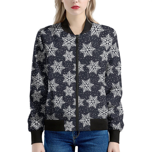 Blue And Silver Snowflake Pattern Print Women's Bomber Jacket