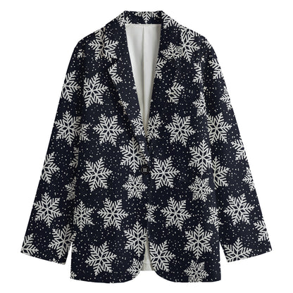 Blue And Silver Snowflake Pattern Print Women's Cotton Blazer