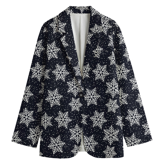 Blue And Silver Snowflake Pattern Print Women's Cotton Blazer