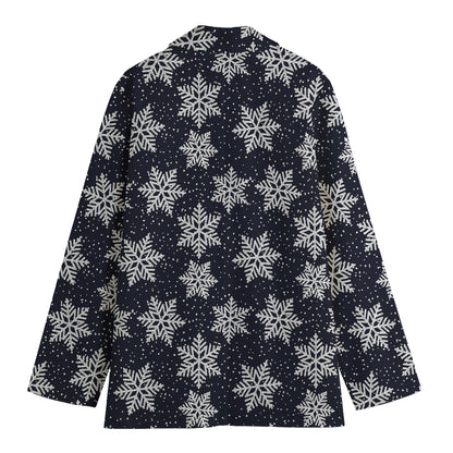 Blue And Silver Snowflake Pattern Print Women's Cotton Blazer