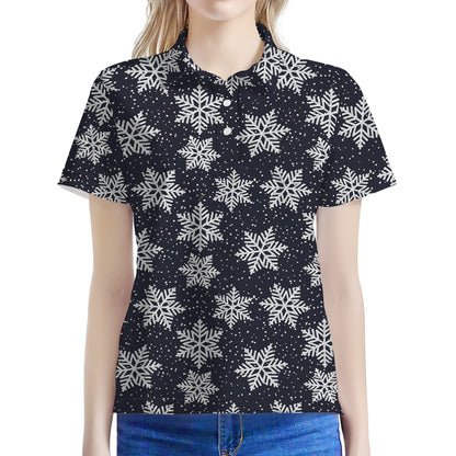 Blue And Silver Snowflake Pattern Print Women's Polo Shirt