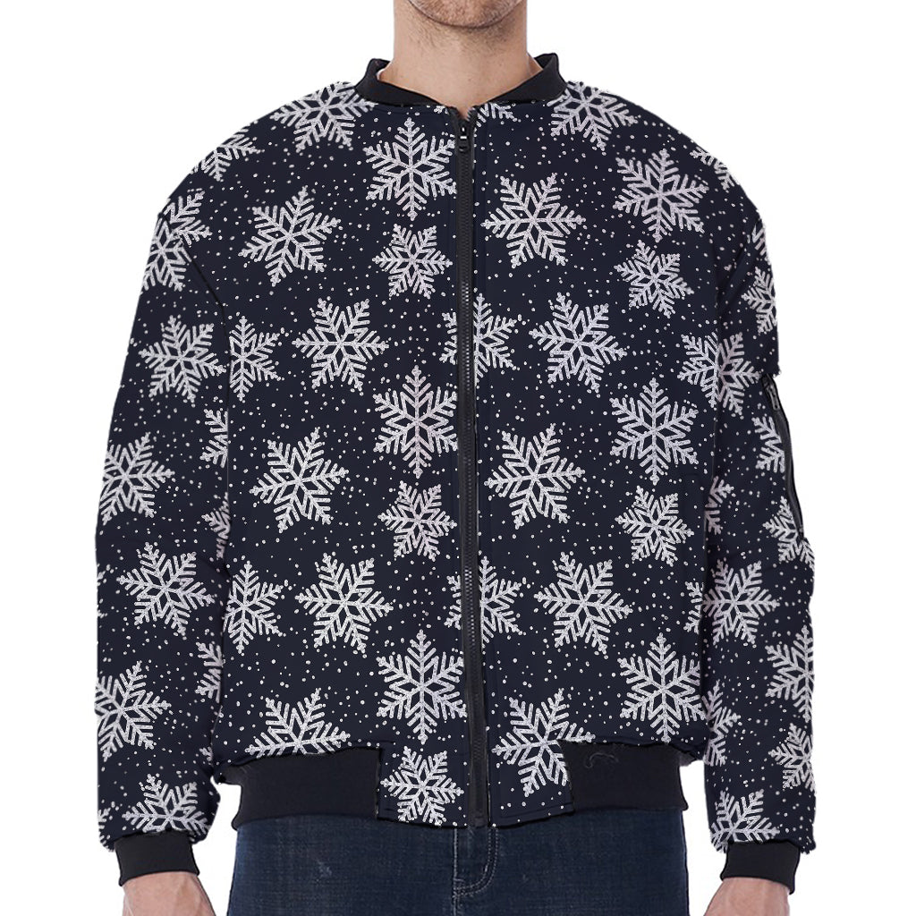 Blue And Silver Snowflake Pattern Print Zip Sleeve Bomber Jacket