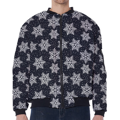 Blue And Silver Snowflake Pattern Print Zip Sleeve Bomber Jacket