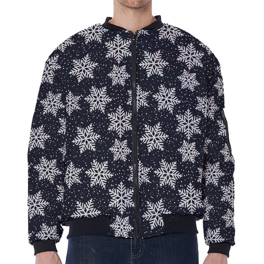 Blue And Silver Snowflake Pattern Print Zip Sleeve Bomber Jacket
