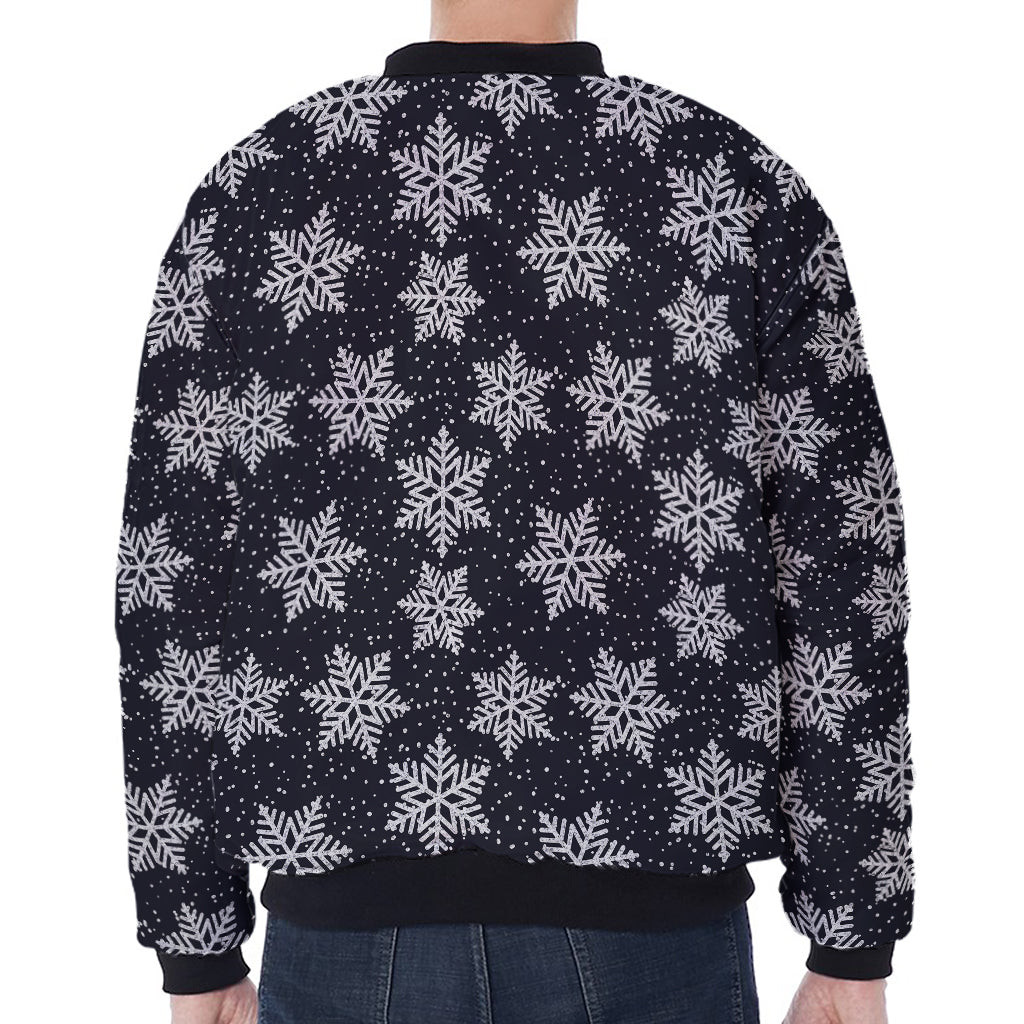 Blue And Silver Snowflake Pattern Print Zip Sleeve Bomber Jacket