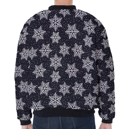 Blue And Silver Snowflake Pattern Print Zip Sleeve Bomber Jacket