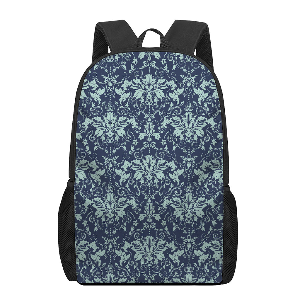 Blue And Teal Damask Pattern Print 17 Inch Backpack