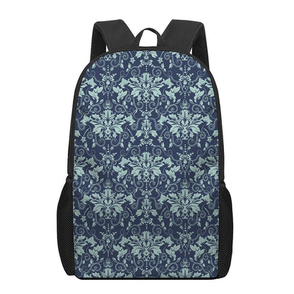 Blue And Teal Damask Pattern Print 17 Inch Backpack