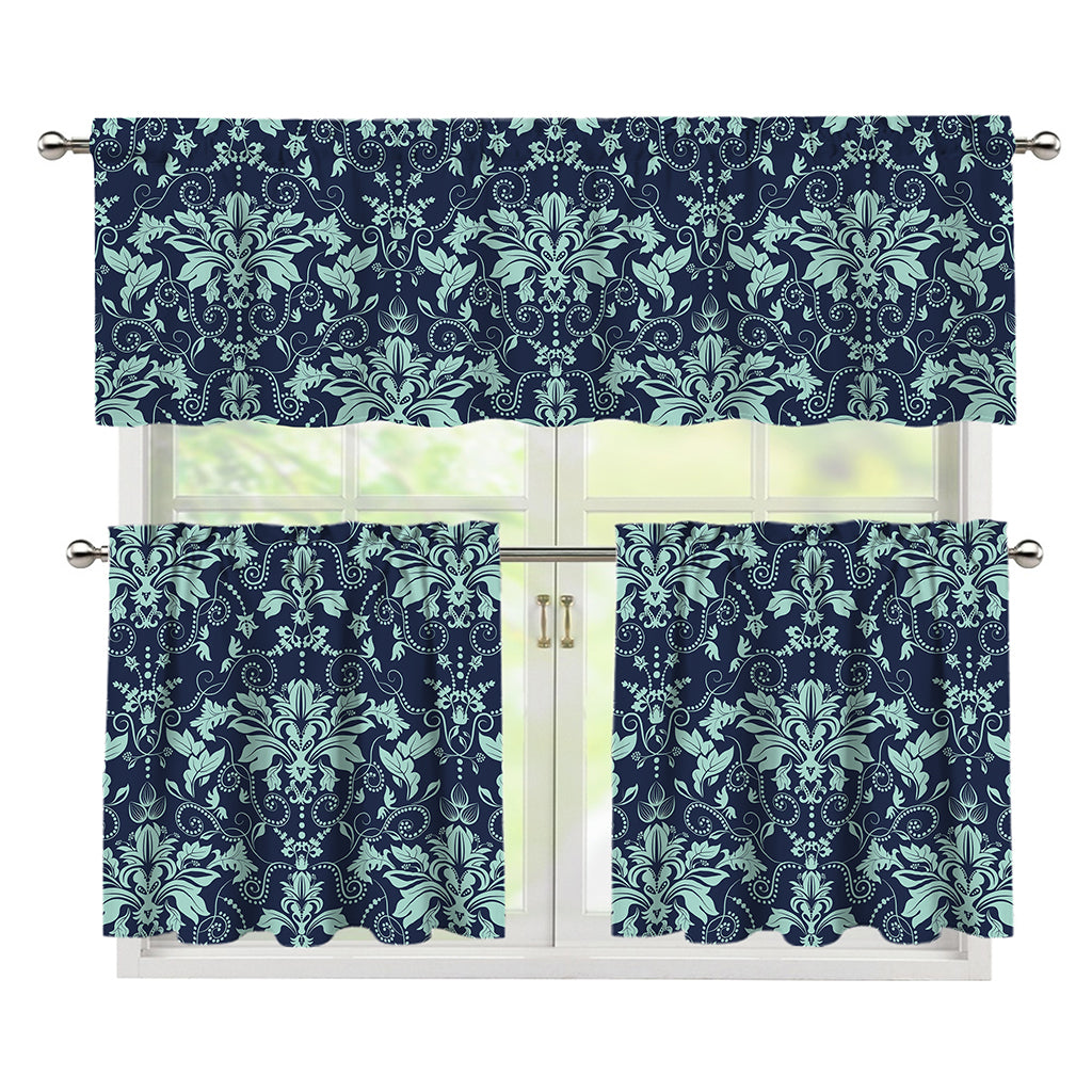 Blue And Teal Damask Pattern Print 3 Piece Kitchen Curtains