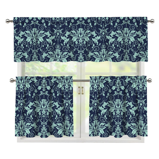 Blue And Teal Damask Pattern Print 3 Piece Kitchen Curtains