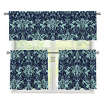 Blue And Teal Damask Pattern Print 3 Piece Kitchen Curtains