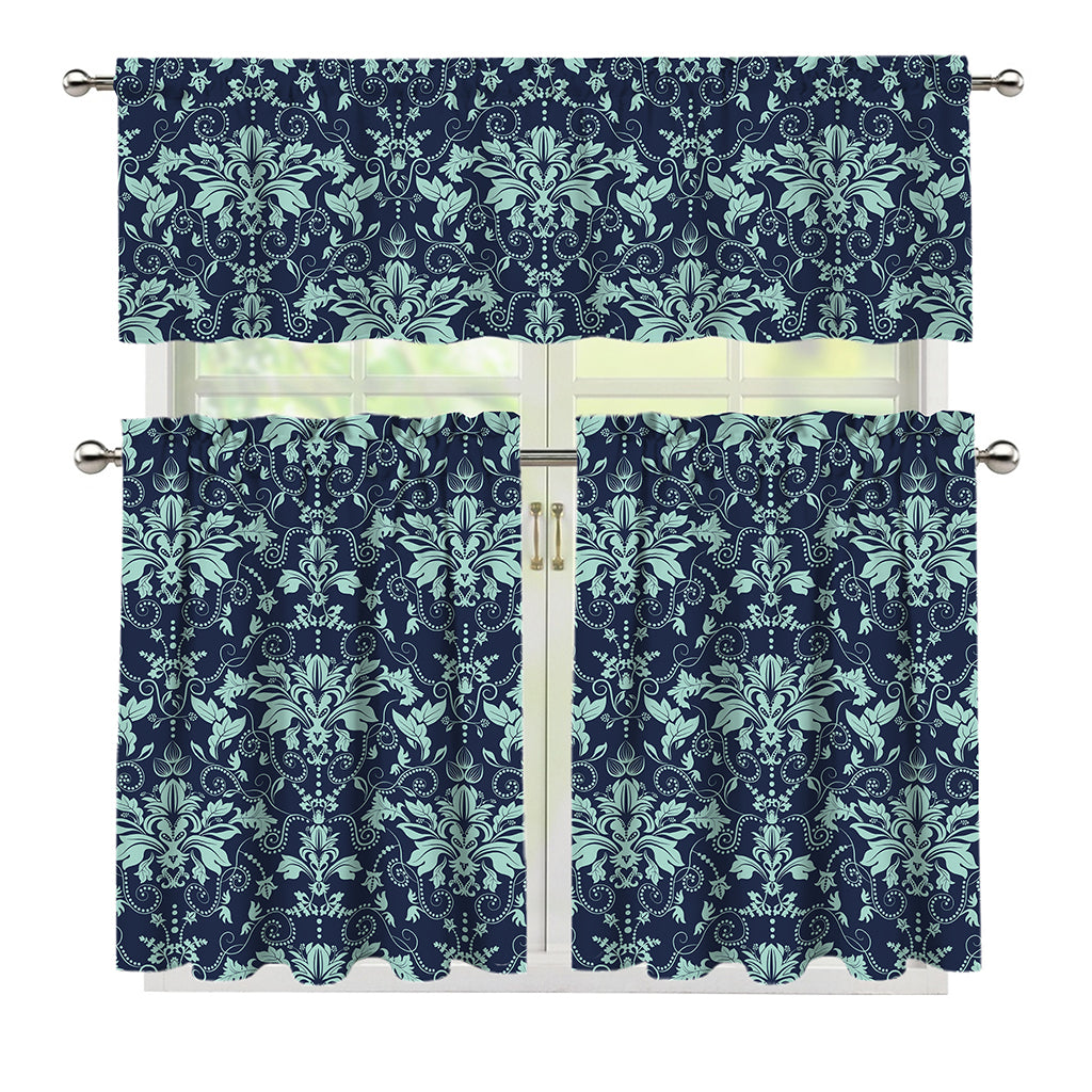 Blue And Teal Damask Pattern Print 3 Piece Kitchen Curtains
