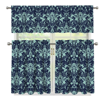 Blue And Teal Damask Pattern Print 3 Piece Kitchen Curtains