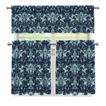 Blue And Teal Damask Pattern Print 3 Piece Kitchen Curtains