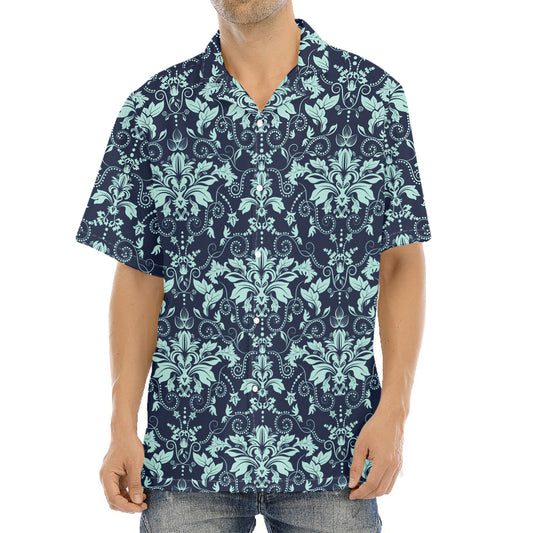 Blue And Teal Damask Pattern Print Aloha Shirt