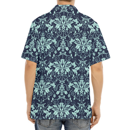 Blue And Teal Damask Pattern Print Aloha Shirt