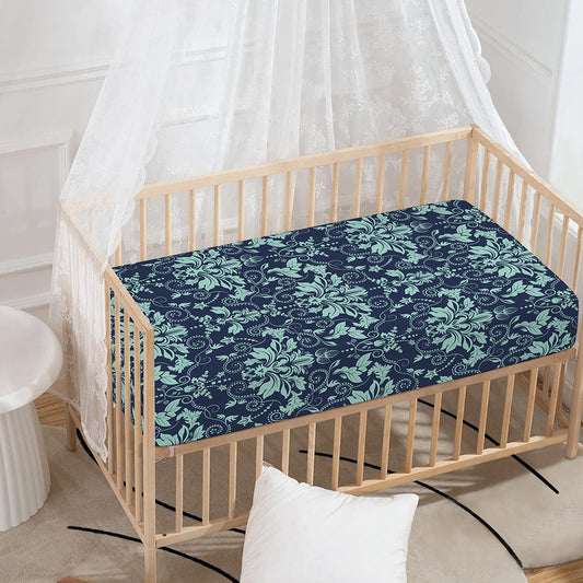 Blue And Teal Damask Pattern Print Baby Crib Sheet