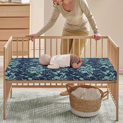 Blue And Teal Damask Pattern Print Baby Crib Sheet