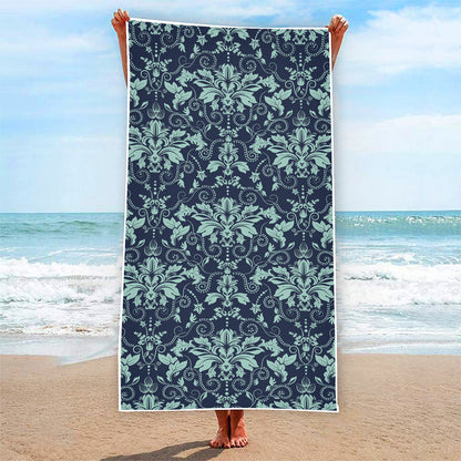 Blue And Teal Damask Pattern Print Beach Towel