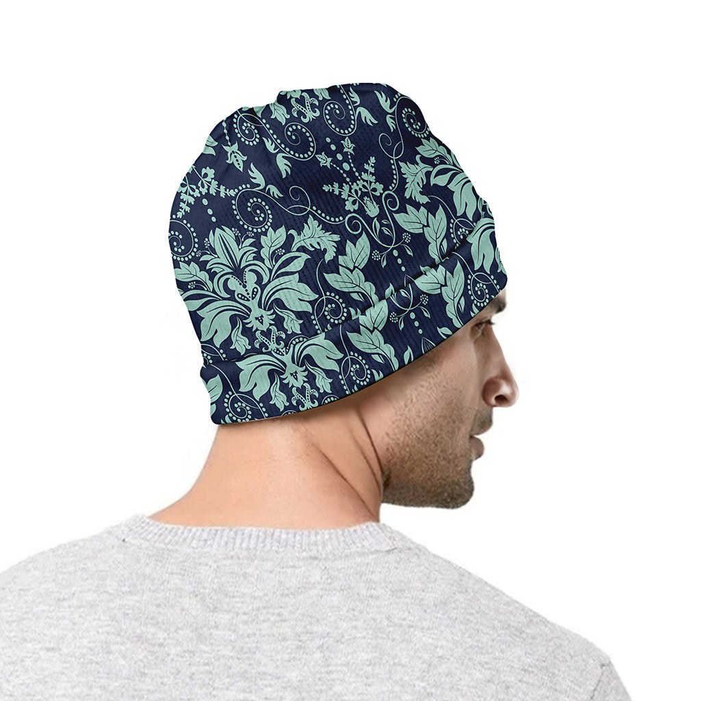 Blue And Teal Damask Pattern Print Beanie