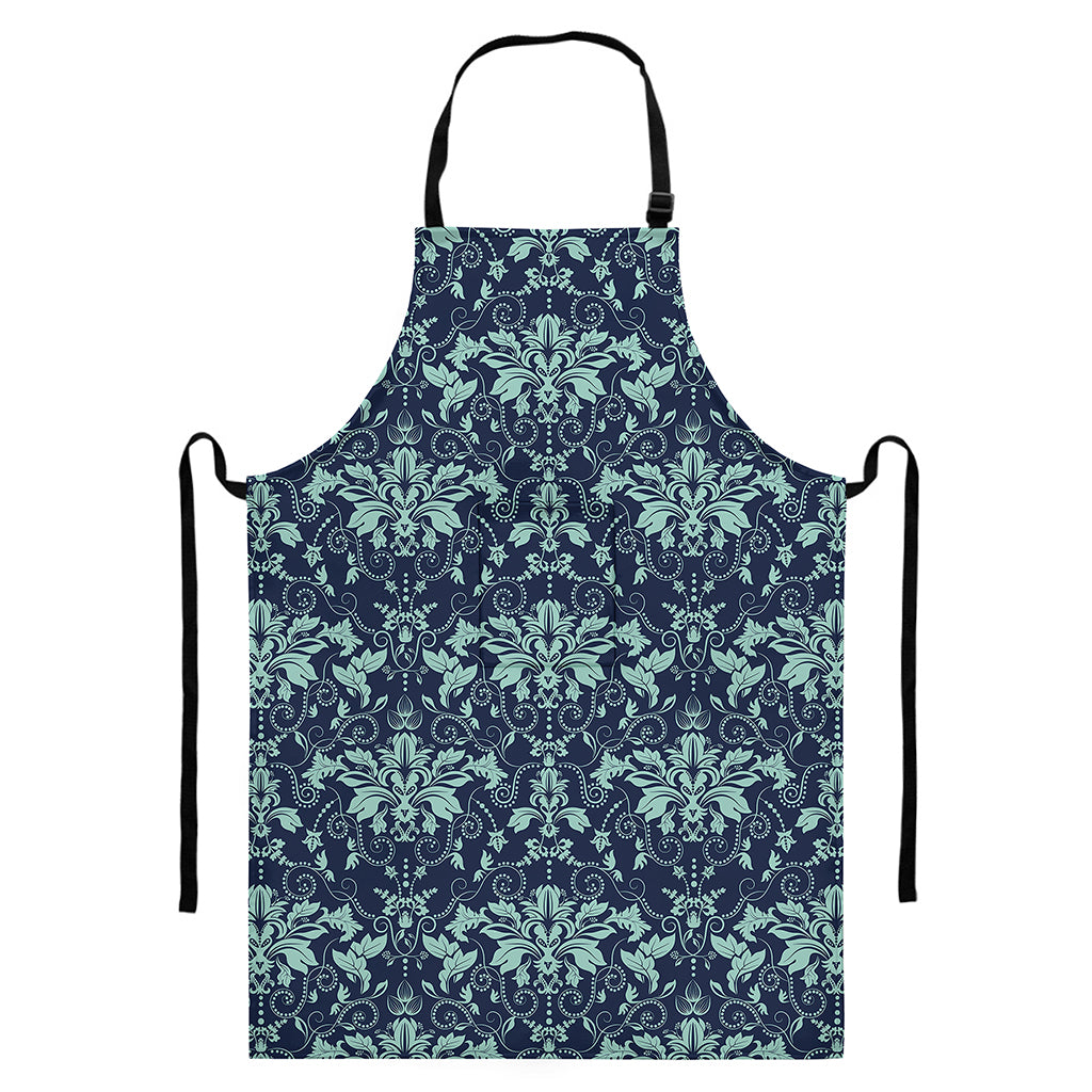 Blue And Teal Damask Pattern Print Bib Apron With Pocket