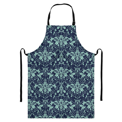 Blue And Teal Damask Pattern Print Bib Apron With Pocket