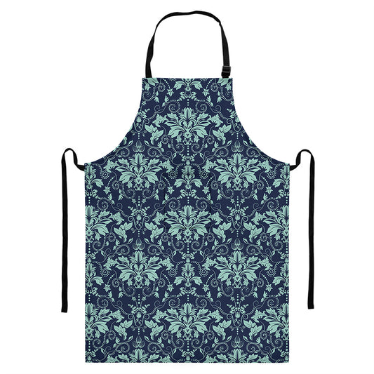 Blue And Teal Damask Pattern Print Bib Apron With Pocket