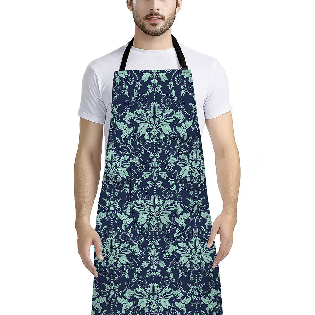 Blue And Teal Damask Pattern Print Bib Apron With Pocket