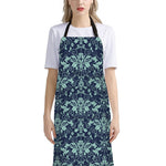 Blue And Teal Damask Pattern Print Bib Apron With Pocket
