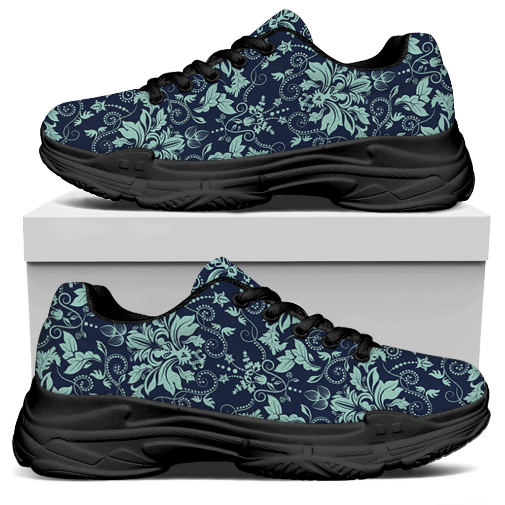 Blue And Teal Damask Pattern Print Black Chunky Shoes