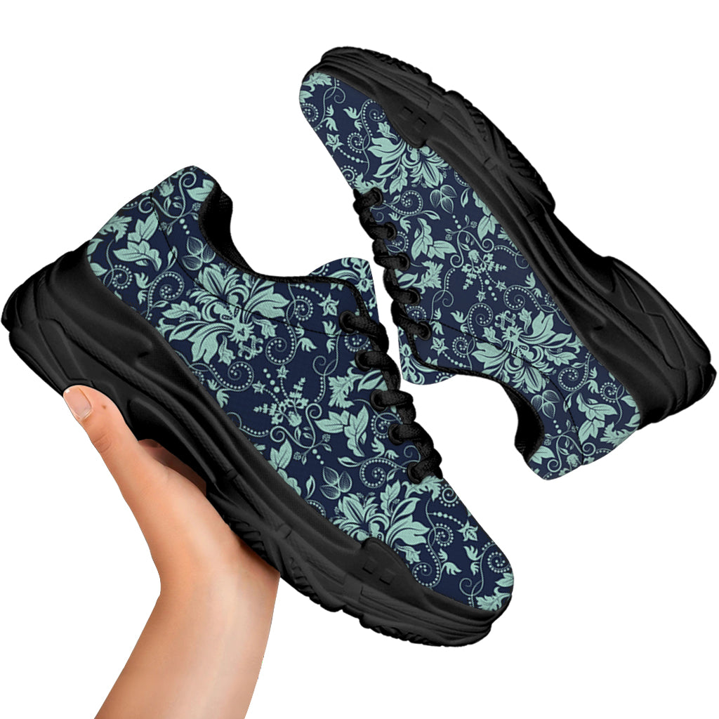 Blue And Teal Damask Pattern Print Black Chunky Shoes