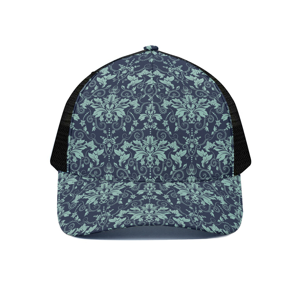 Blue And Teal Damask Pattern Print Black Mesh Trucker Cap