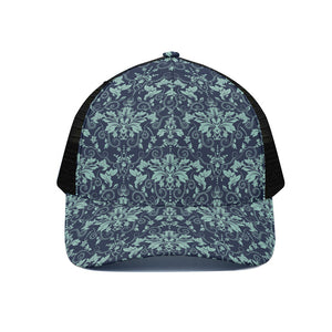 Blue And Teal Damask Pattern Print Black Mesh Trucker Cap