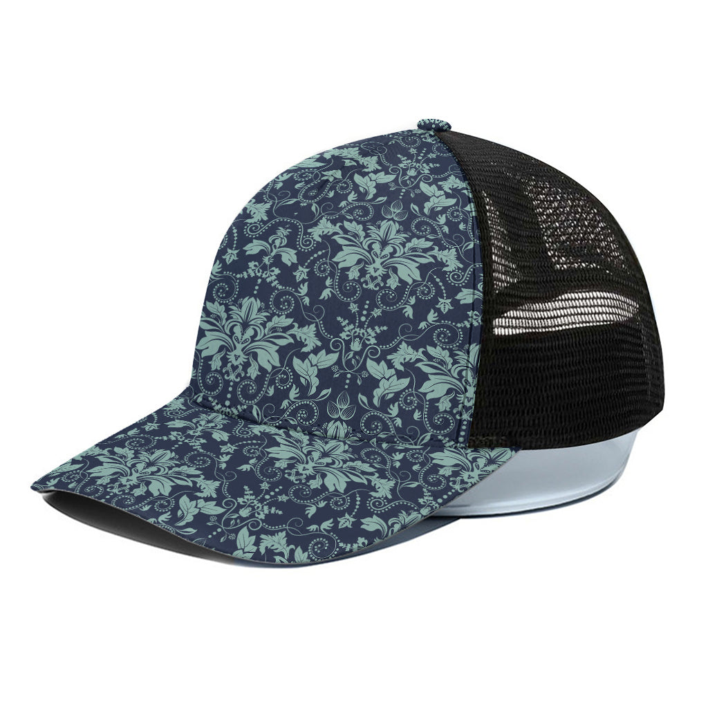 Blue And Teal Damask Pattern Print Black Mesh Trucker Cap