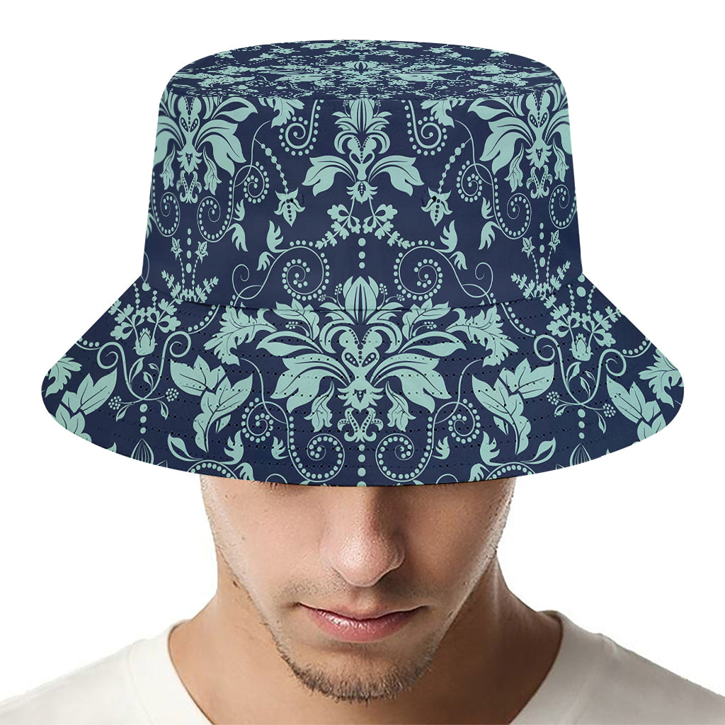 Blue And Teal Damask Pattern Print Bucket Hat