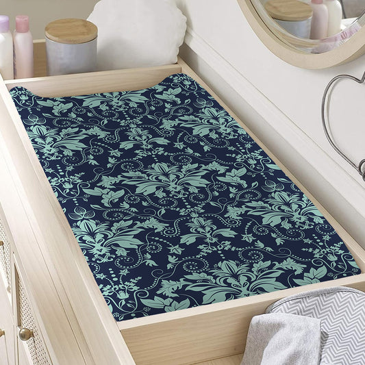 Blue And Teal Damask Pattern Print Changing Pad Cover