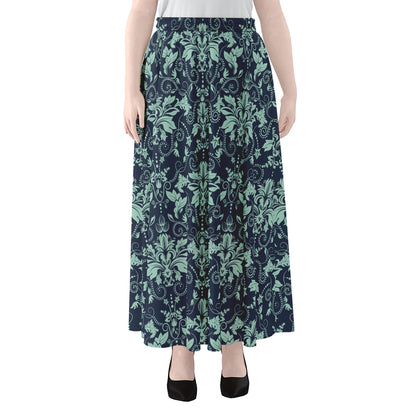 Blue And Teal Damask Pattern Print Chiffon Maxi Skirt